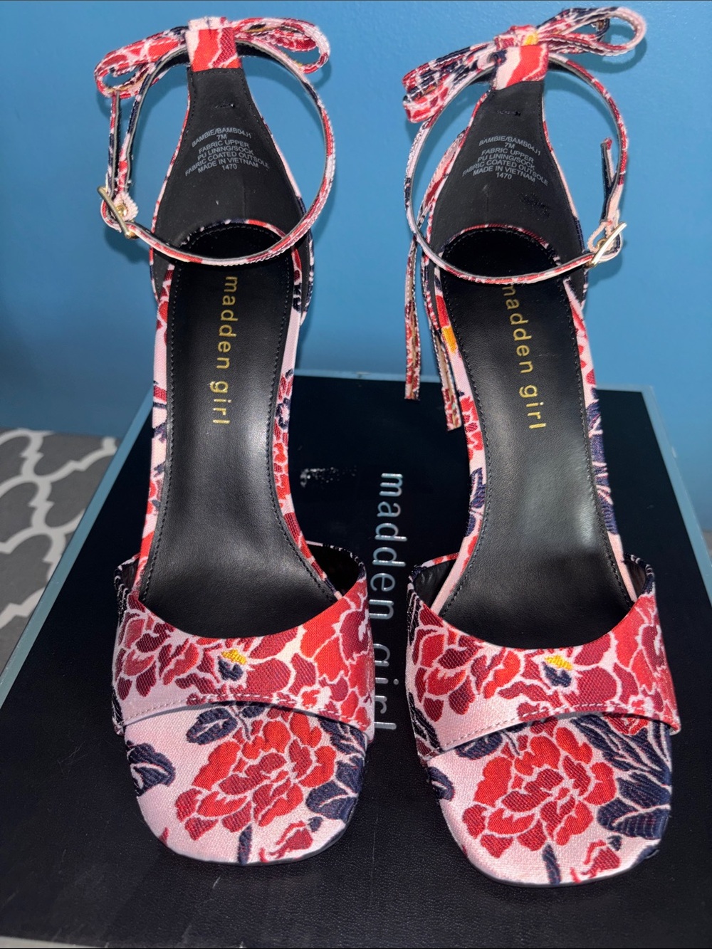 Madden Girl Pink and Red Floral Ankle-Strap Heels